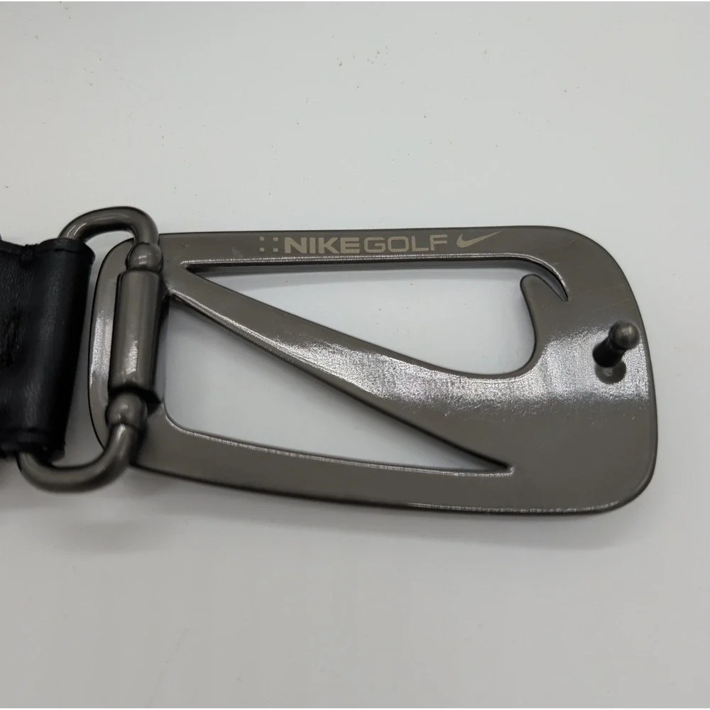 Nike Golf Grip Tech Belt Black Genuine Leather Big Swoosh Metal Buckle Mens 34